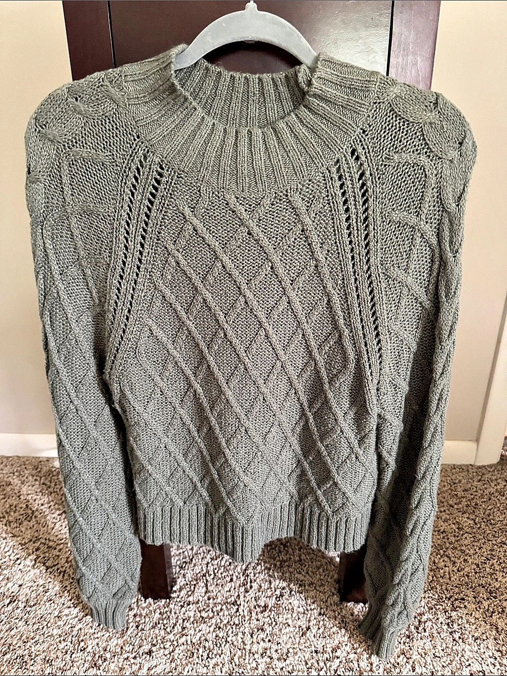 American Eagle Cable Knit Mock Neck Sweater Green Medium